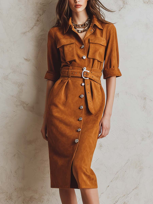 Vintage Caramel Front Button Microfiber Waist Suede Dress