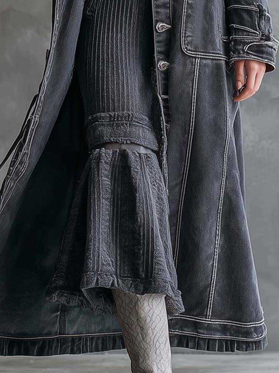 Vintage Washed Grey Denim Coat With Faux Fur Collar