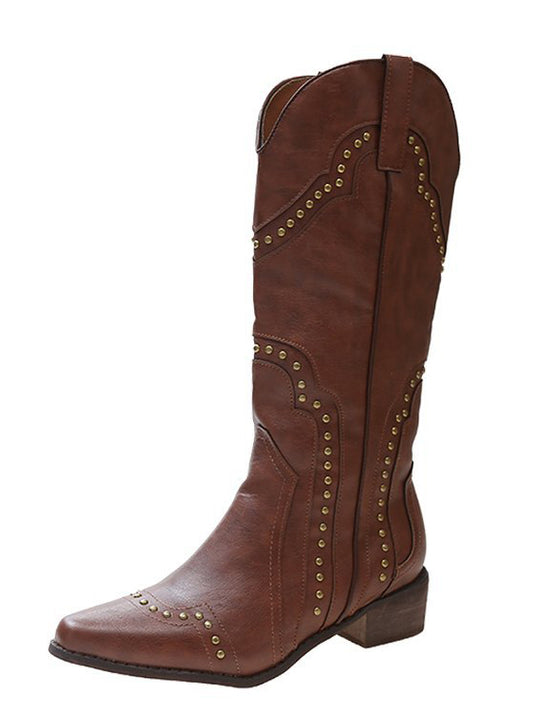 Retro Rivet Western Cowboy Boots V-neck Pointed Toe Thick Heel High-top Knee-high Knight Boots