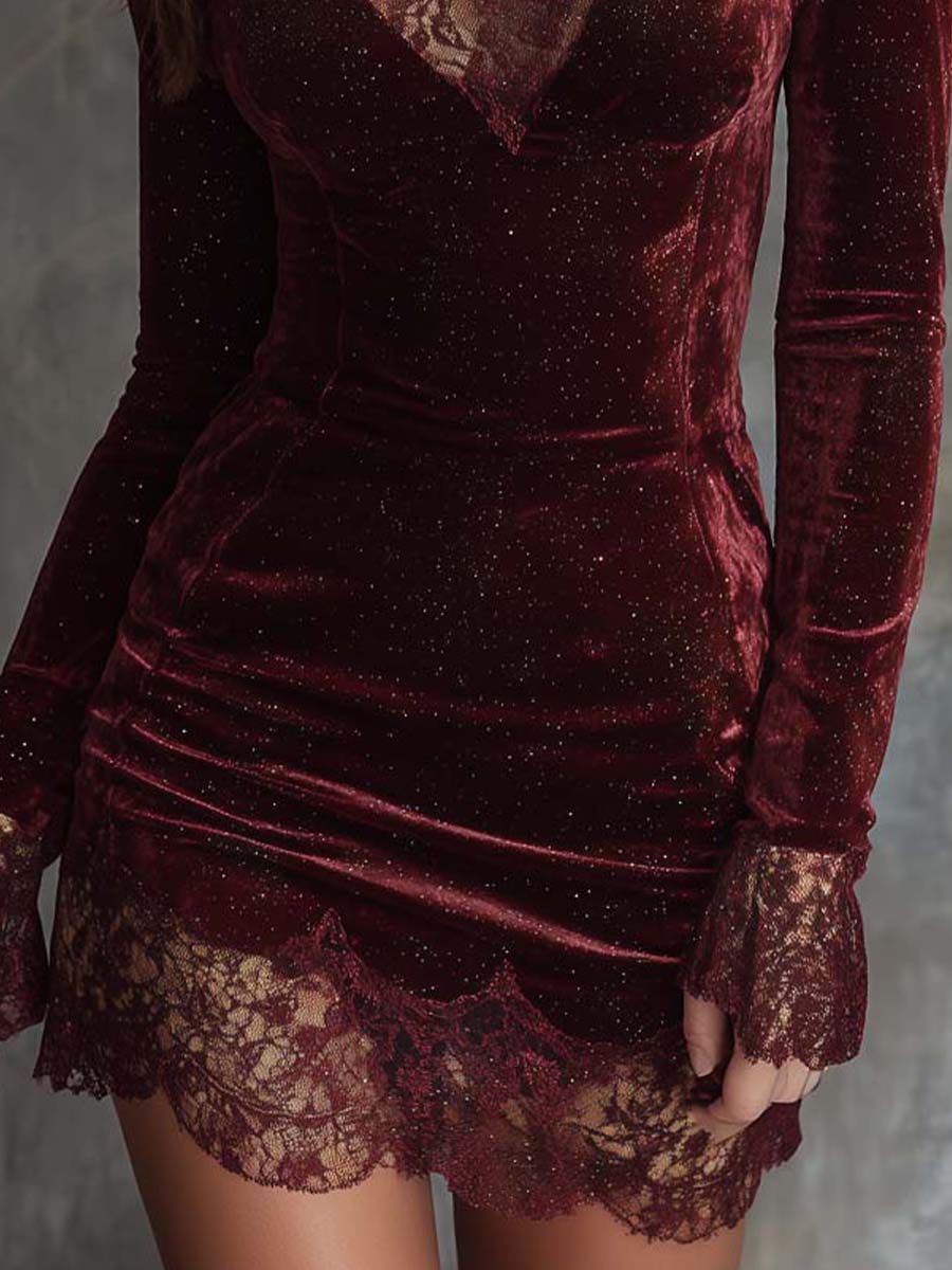Sparkling Velvet Lace-Trim Mini Dress – Spiced Wine Red