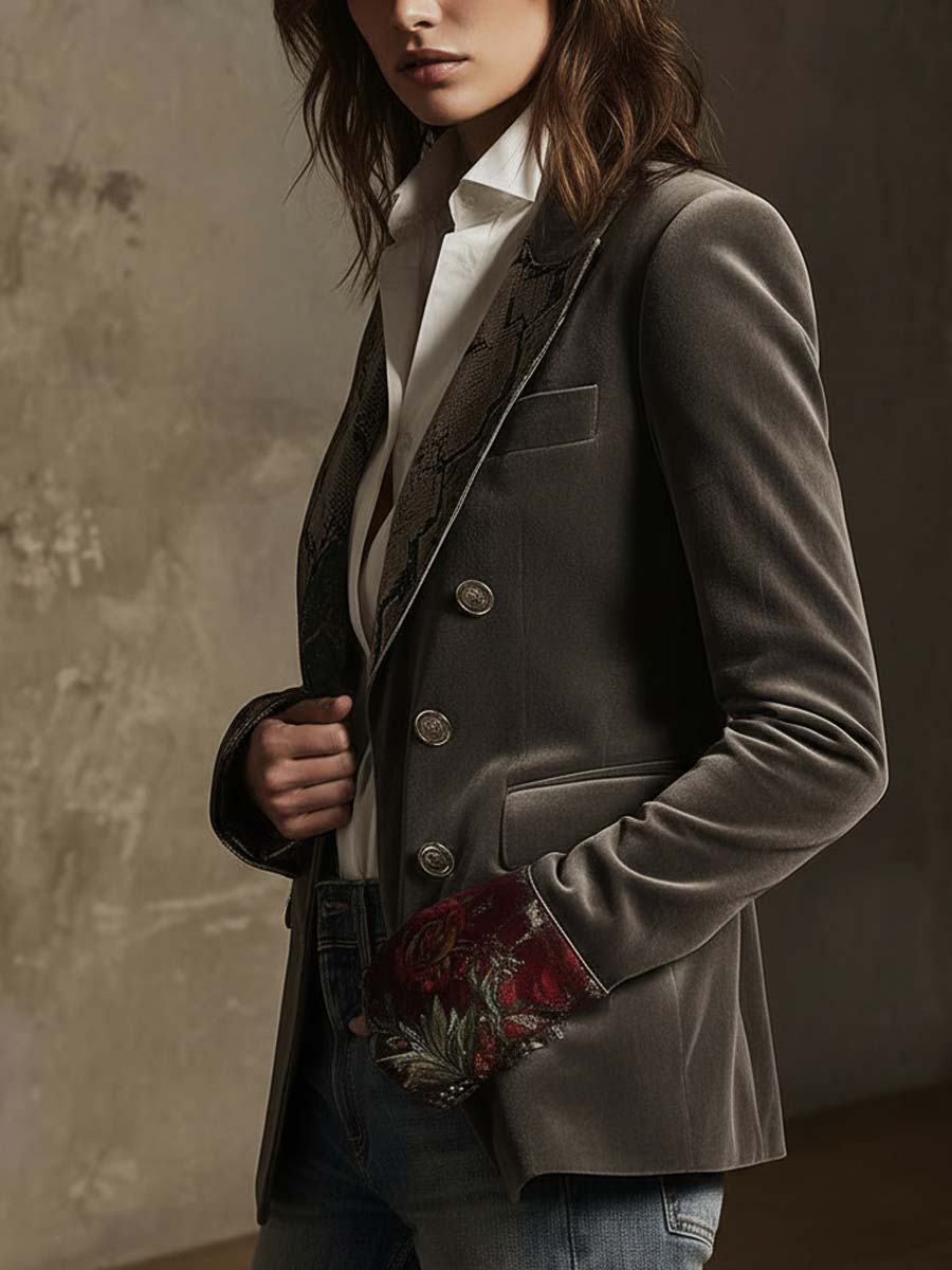 Velvet Blazer With Printed Lapels And Cuffs