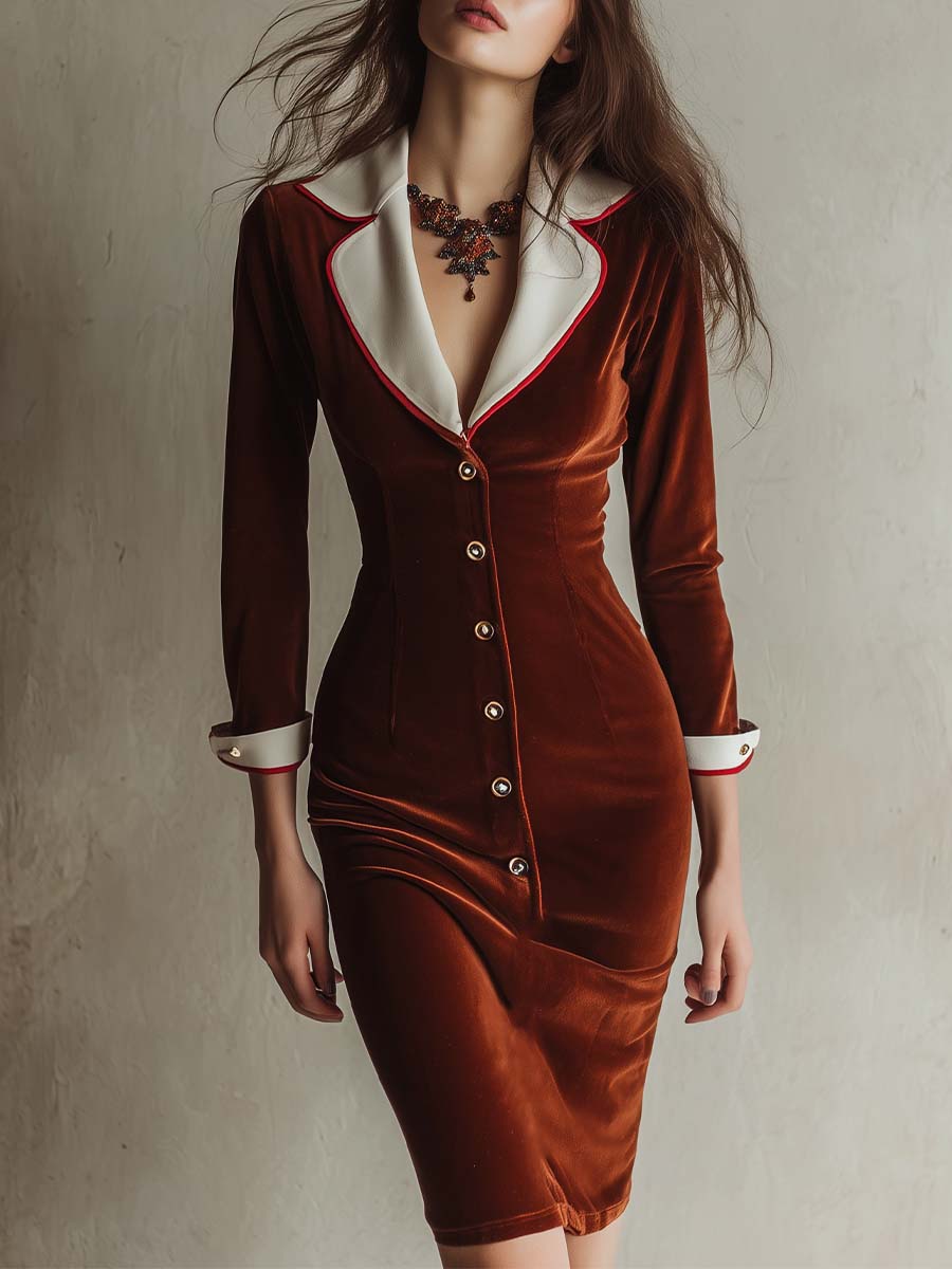Retro Red Brown Velvet Contrast Collar Slim Midi Dress