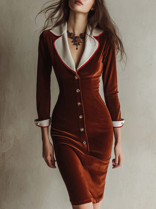 Retro Red Brown Velvet Contrast Collar Slim Midi Dress