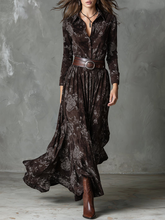 Bohemian Suede Shirt Collar Printed Maxi Dress