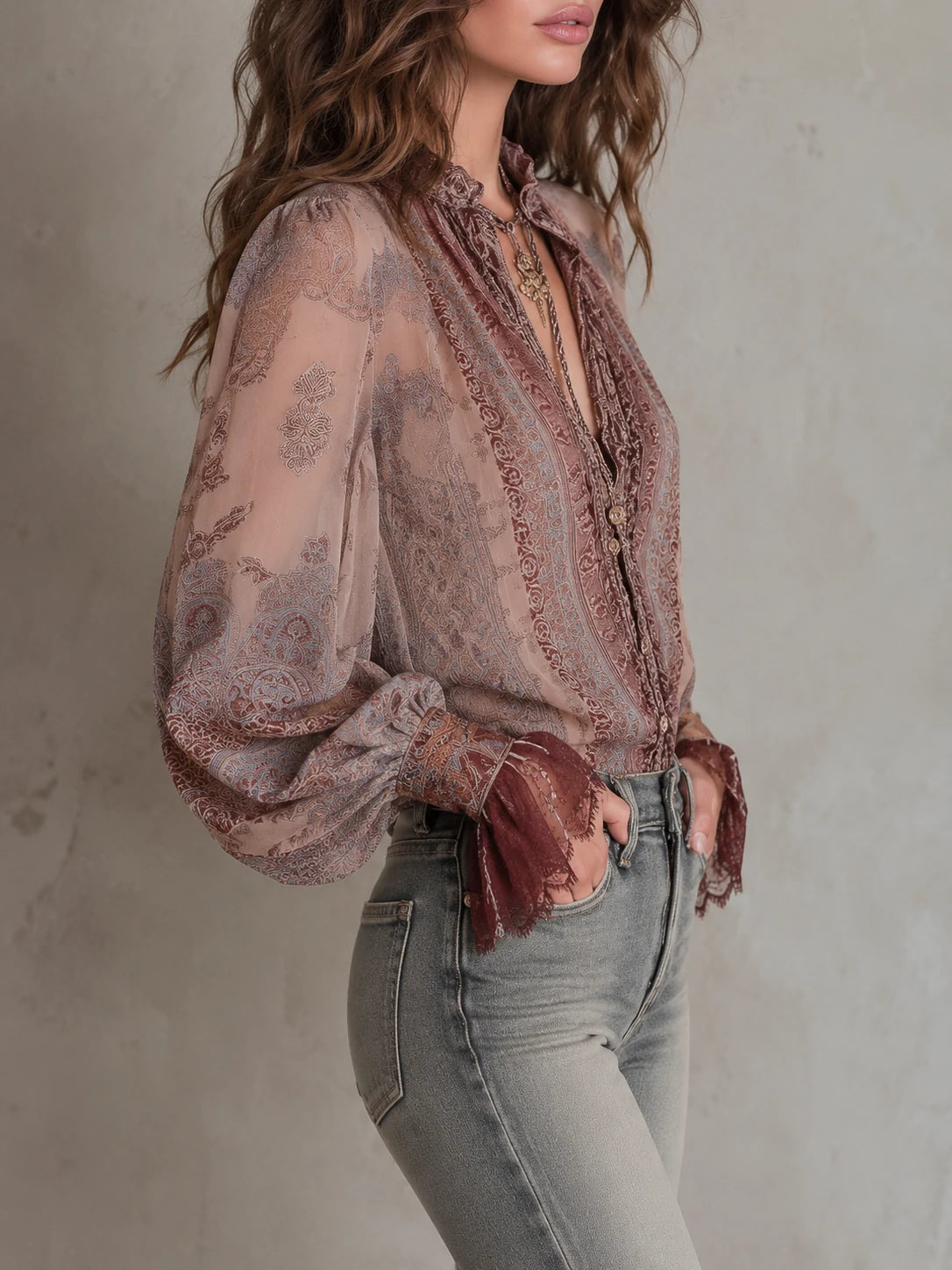 Boho Paisley Sheer Blouse With Lace Cuffs