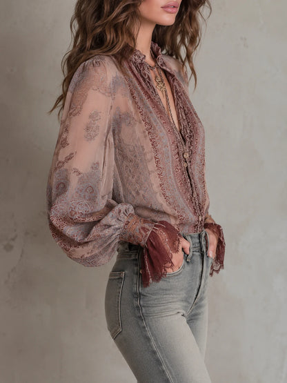 Boho Paisley Sheer Blouse With Lace Cuffs