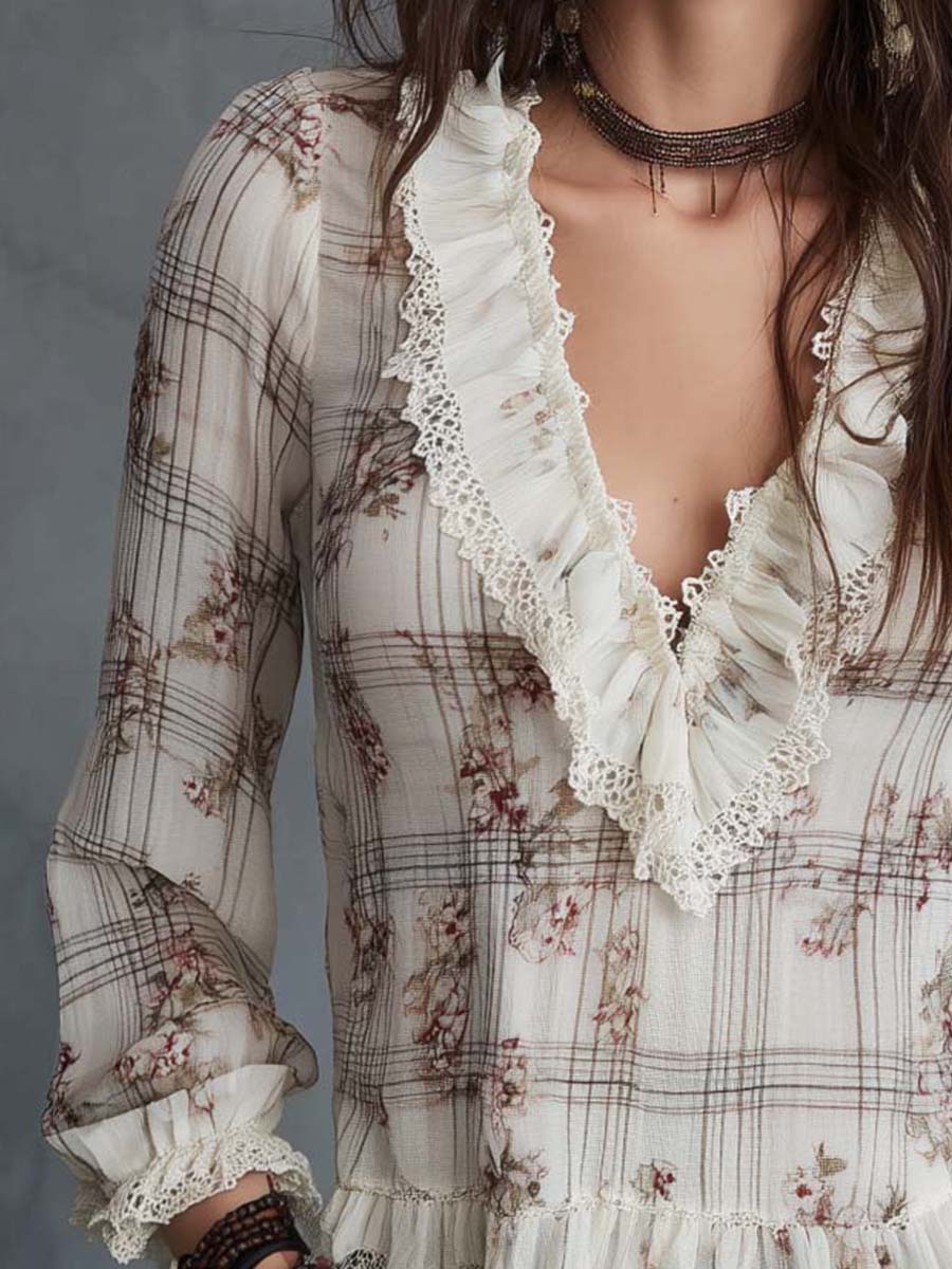 Vintage Ruffle Lace Floral Plaid Chiffon Blouse