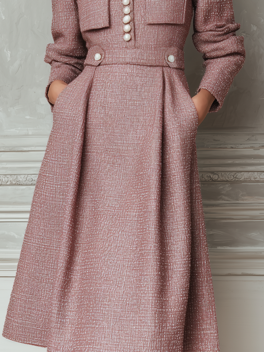 Vintage Pocket Tweed Long-Sleeved Midi Dress