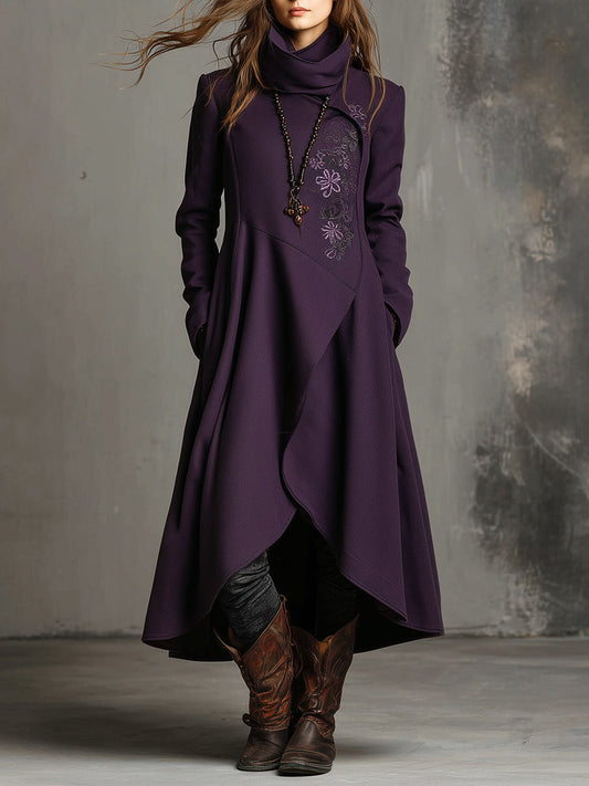 Retro Embroidered Ruffled High Low Hem Woolen Coat