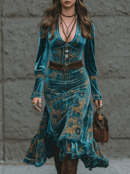 Retro-Chic Luxury Blue-Green Velvet Ruffled Hem Midi Dress