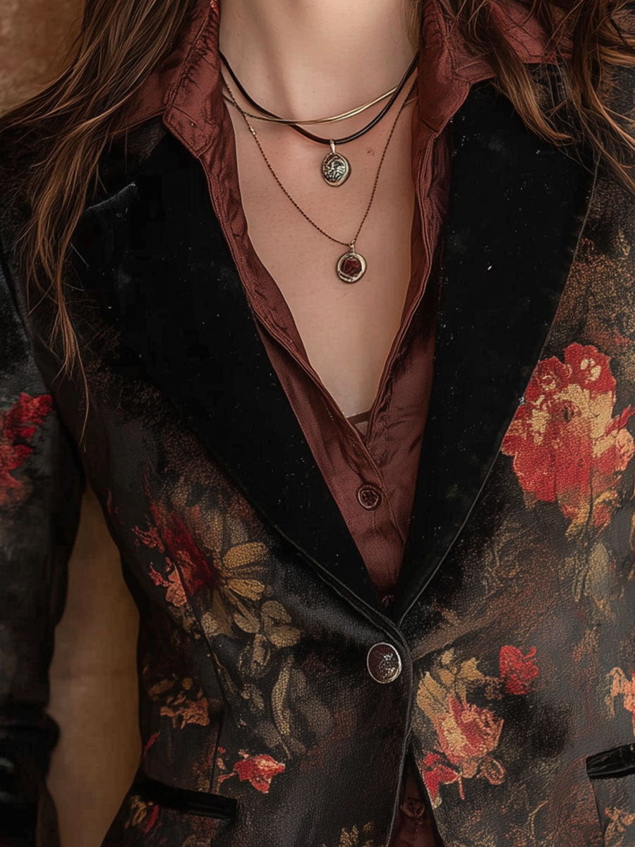 Retro Suede Print Splicing Blazer