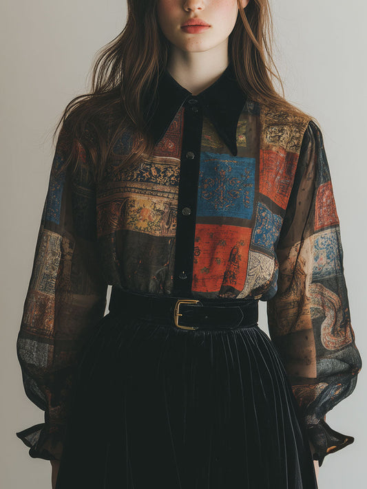Retro Printed Velvet Patchwork Chiffon Balloon Sleeve Blouse