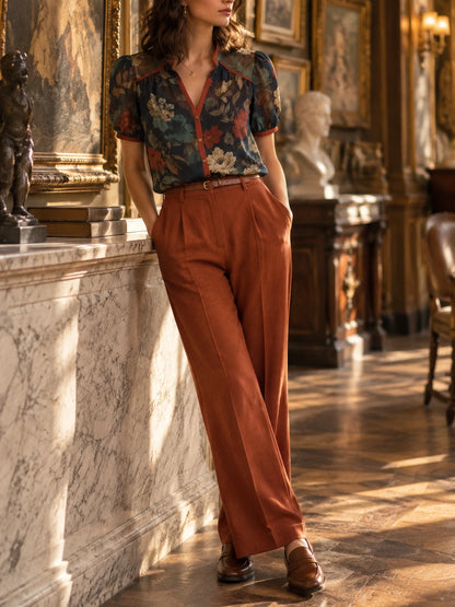 Dark Floral Sheer Blouse & Rust Wide-Leg Trousers Set