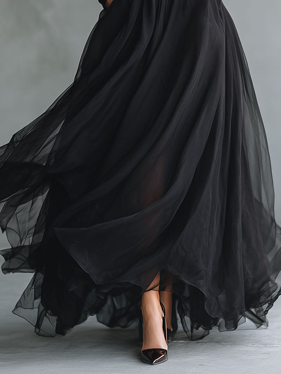Elegant Black Tulle Flowing Maxi Dress Patchwork Fitted Knit Turtleneck Top