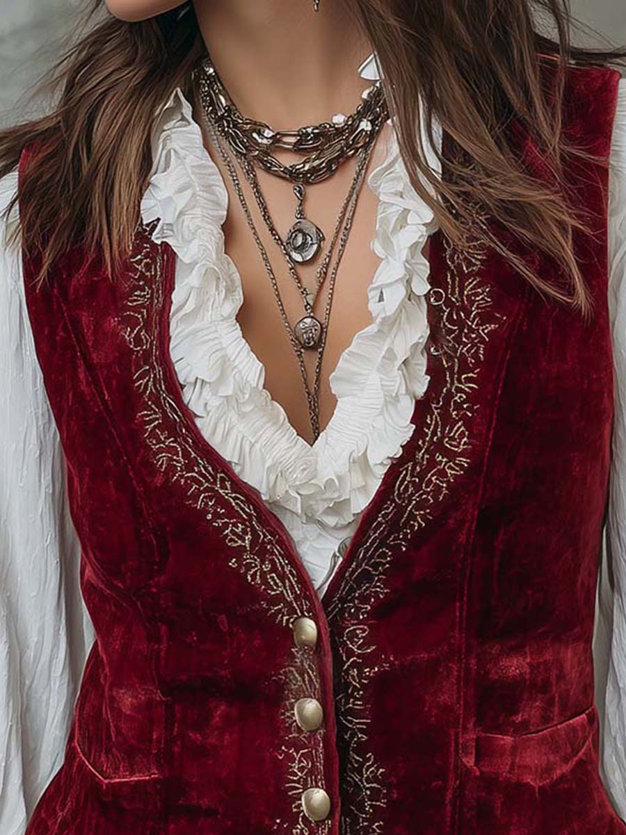 Burgundy Velvet Embroidered Vest With Vintage Gold Buttons