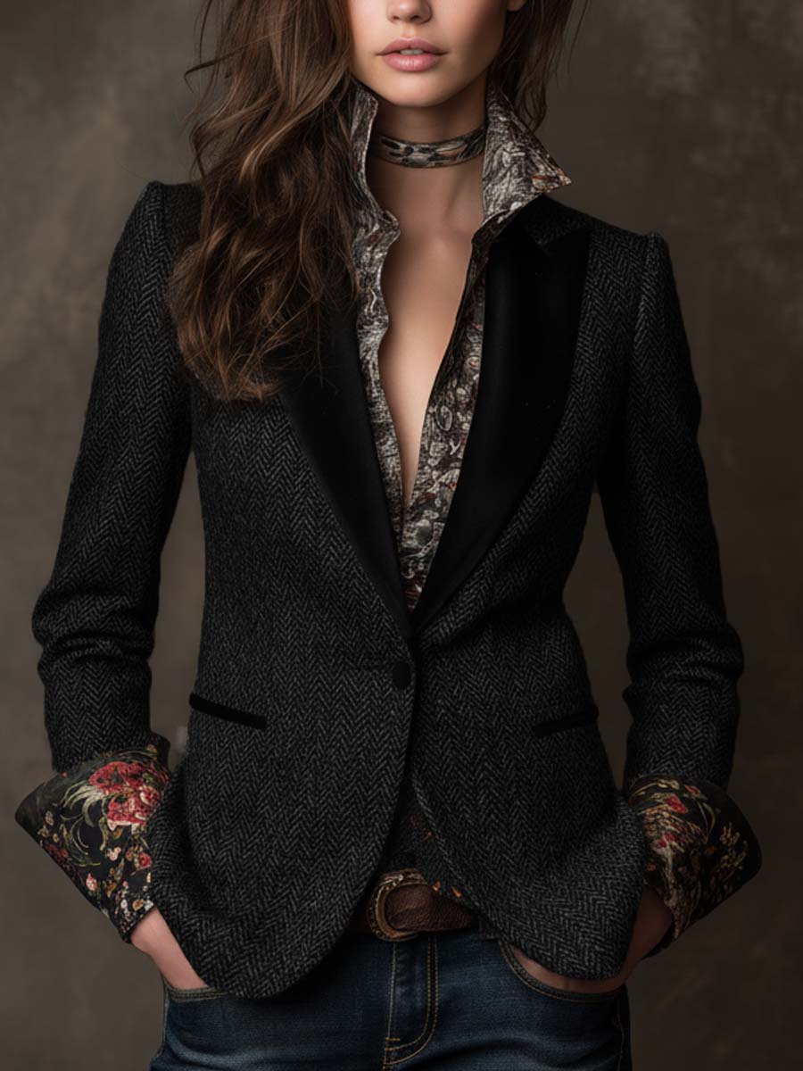 Chenille Herringbone Blazer With Velvet Lapels And Floral Contrast Cuffs