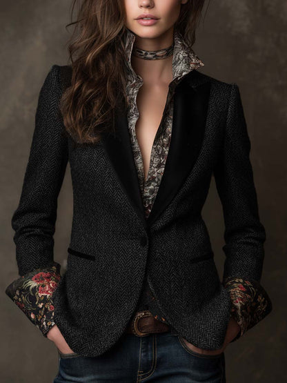 Chenille Herringbone Blazer With Velvet Lapels And Floral Contrast Cuffs