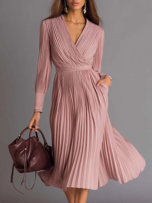 Retro Pleated Crossover V-neck Midi Dress