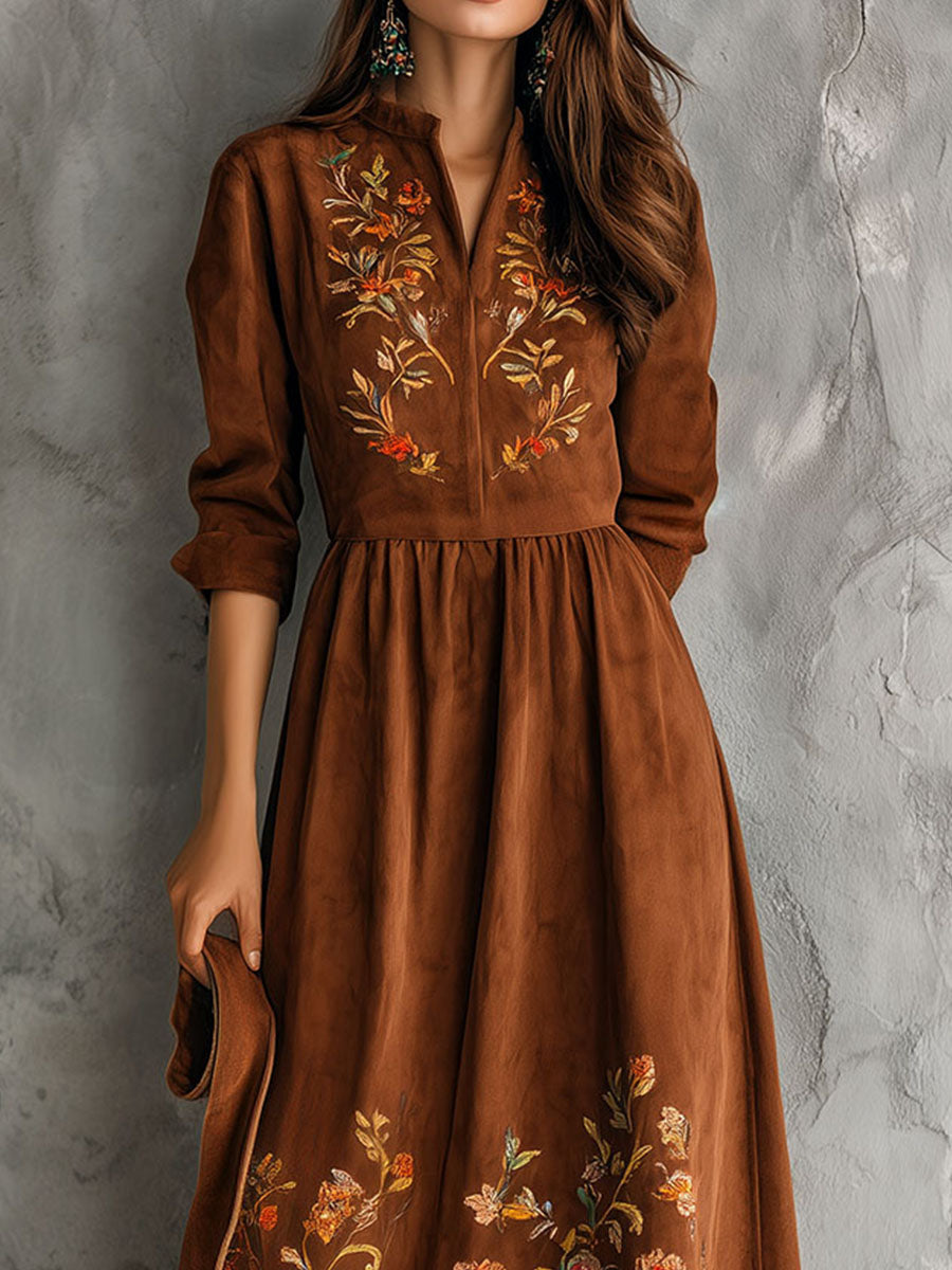 Vintage Brown Floral Embroidered Suede Midi Dress – BCSHARED
