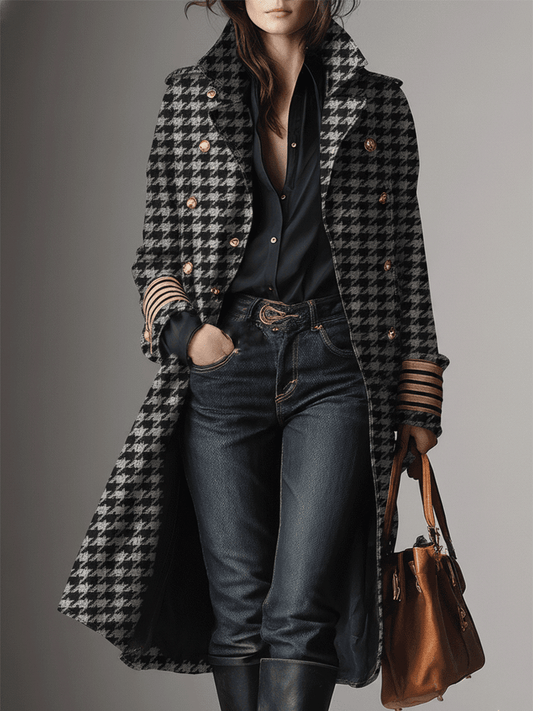 Retro Elegant Black And White Houndstooth Long Coat