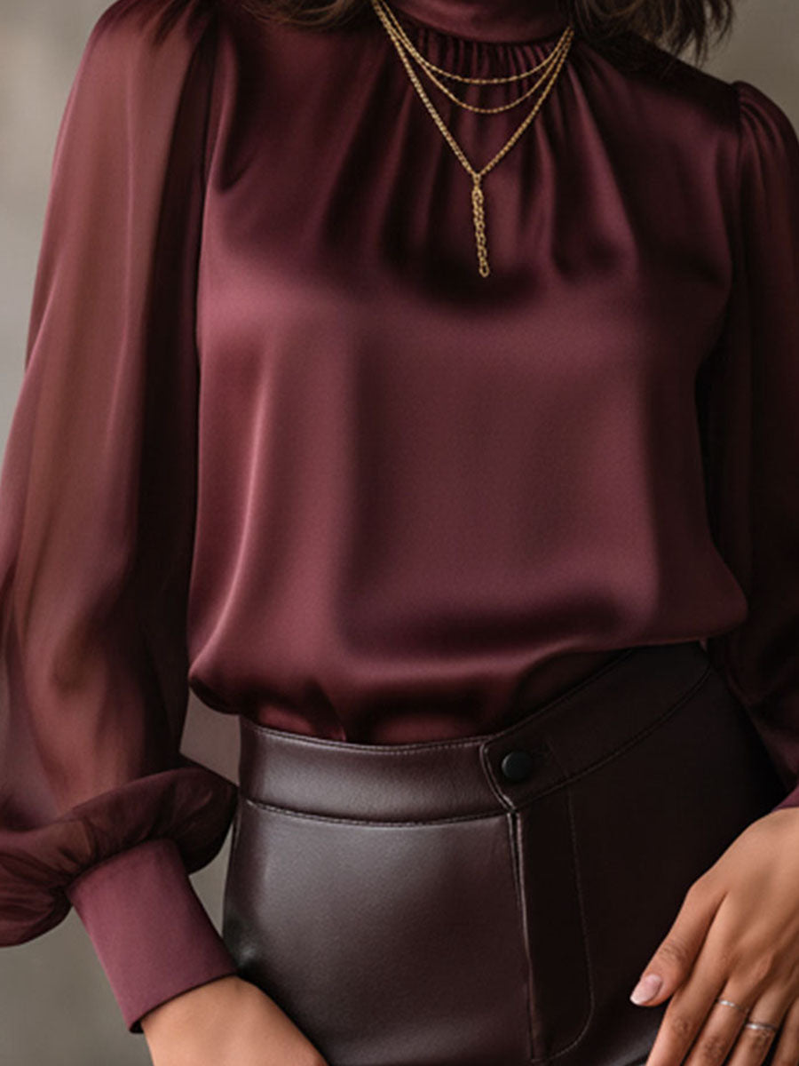 Elegant High Neck Burgundy Sheer Chiffon Sleeves Satin Blouse