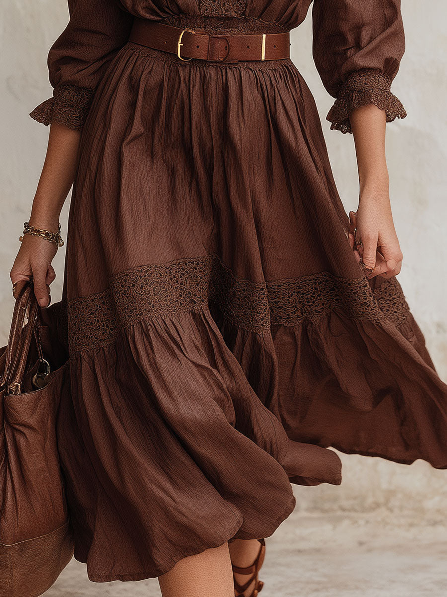 Stylish Lace Patchwork Shirt Midi Dress