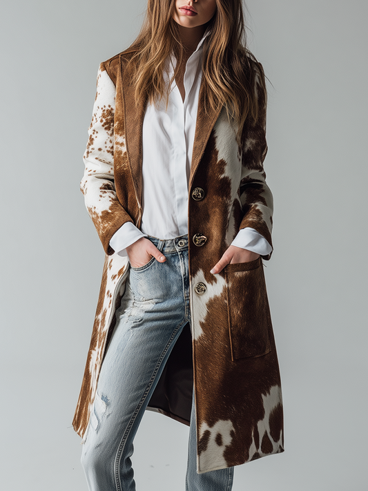 Vintage Cow Skin Printed Eco-friendly Suede Long Jacket