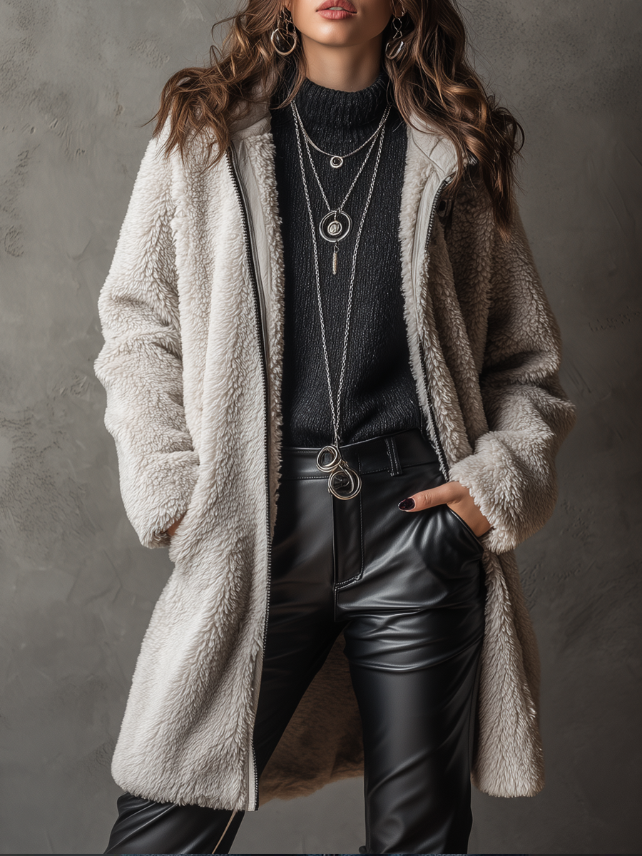 Vintage Zip-up Collar Teddy Fleece Fitted Coat