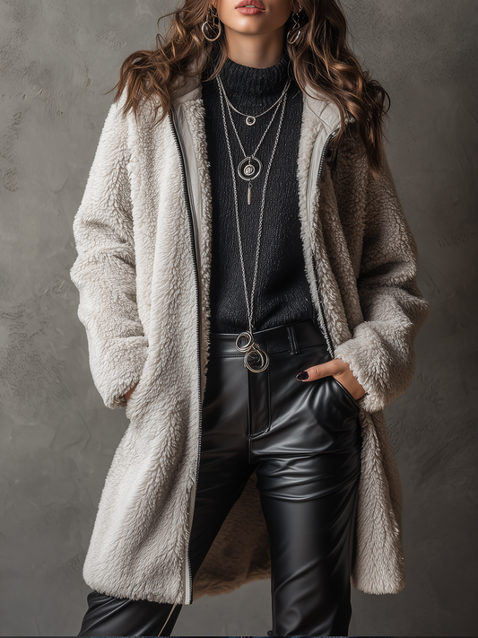 Vintage Zip-up Collar Teddy Fleece Fitted Coat