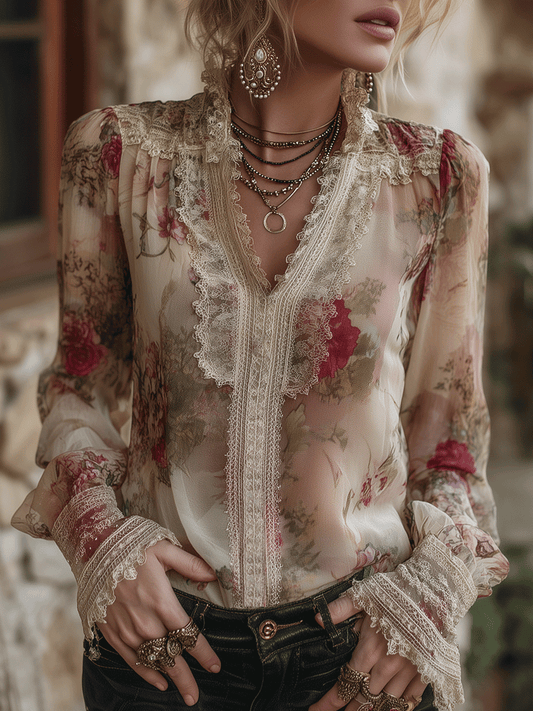 Vintage Romantic Lace-Trim Floral Chiffon Blouse