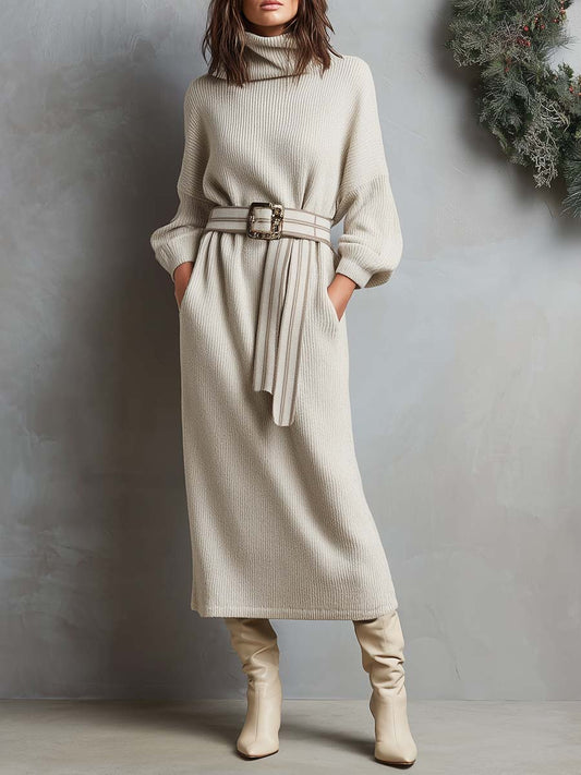 Cozy Knit Turtleneck Midi Dress With Matching Knit Belt