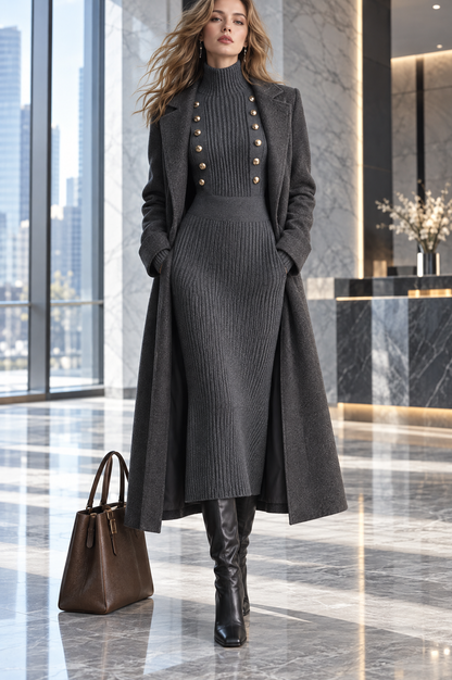 Napoleonic style Ribbed Knit Midi Sweater Dress With Gold Button Detail