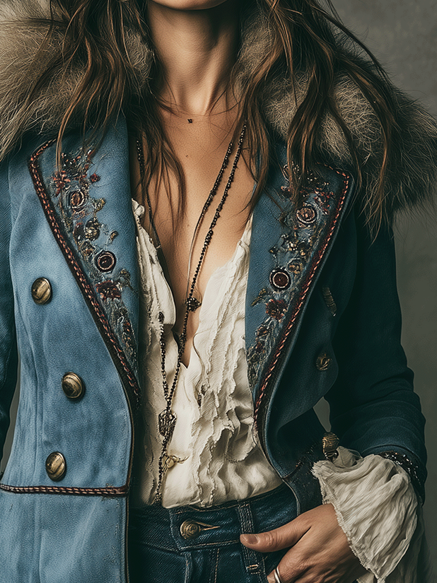 Vintage Blue Embroidered Faux Suede Fur Collar Jacket