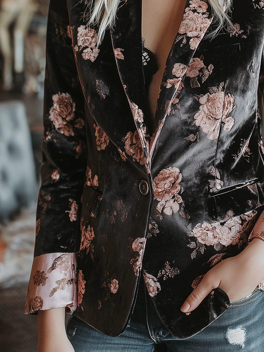 Romantic Retro Bohemian Style Velvet Rose Blazer
