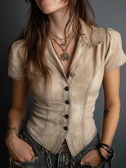 Retro Contrast Stitching Short-sleeved Suede Blouse