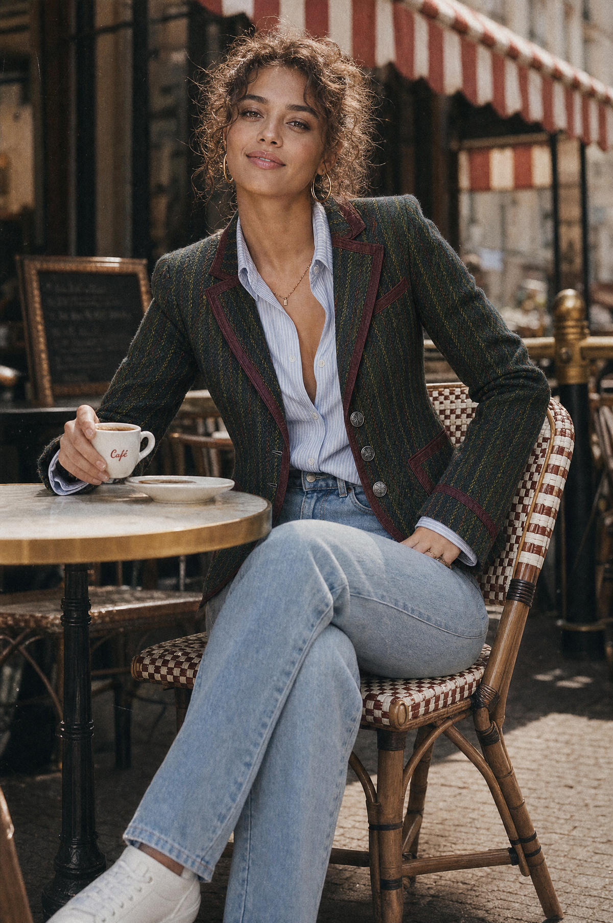 Retro Striped Wool Blazer With Contrast Trim Piping