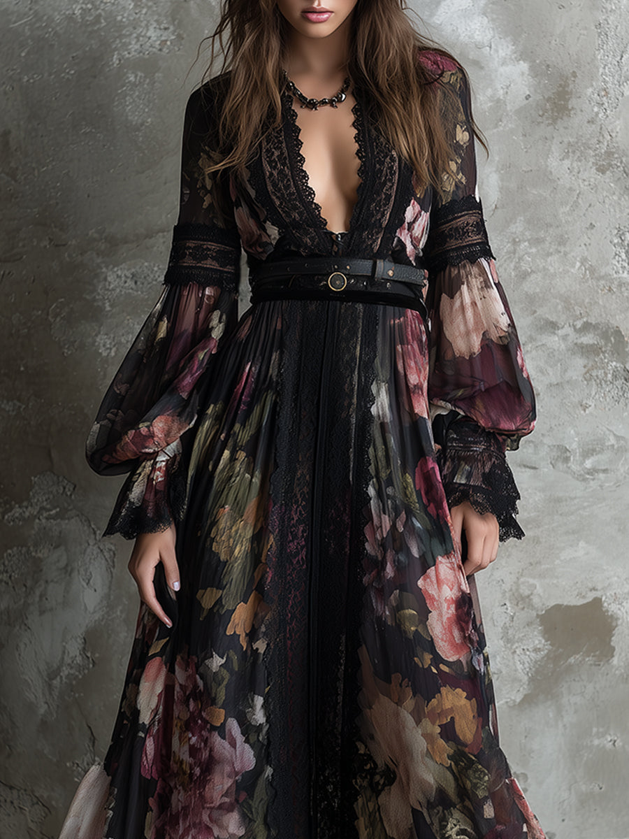 Bohemian Holiday Chiffon Printed Lace Maxi Dress