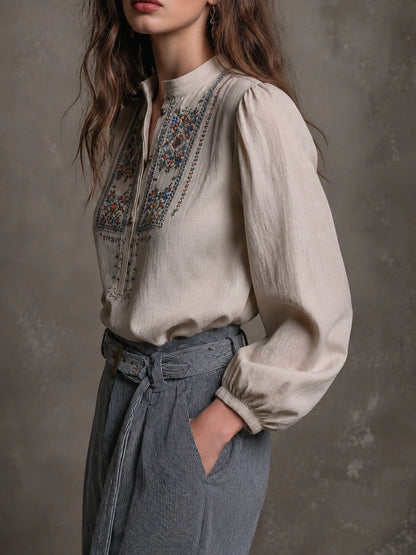 Vintage Embroidered Boho Linen Blouse