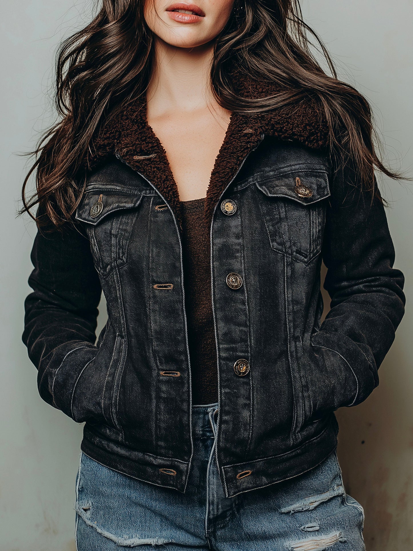 Vintage Fleece-Lined Button-Up Denim Jacket With Sherpa Collar