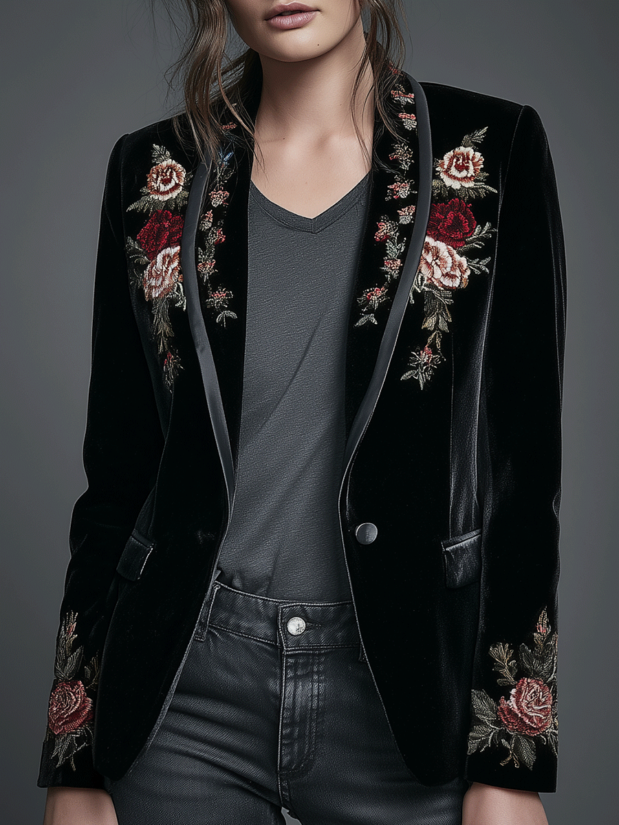 Romantic Black Velvet Rose Embroidery Tailored Blazer