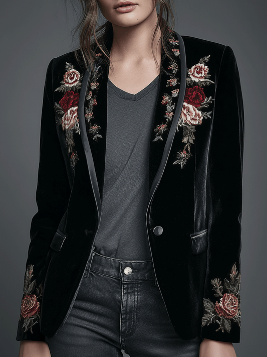 Romantic Black Velvet Rose Embroidery Tailored Blazer
