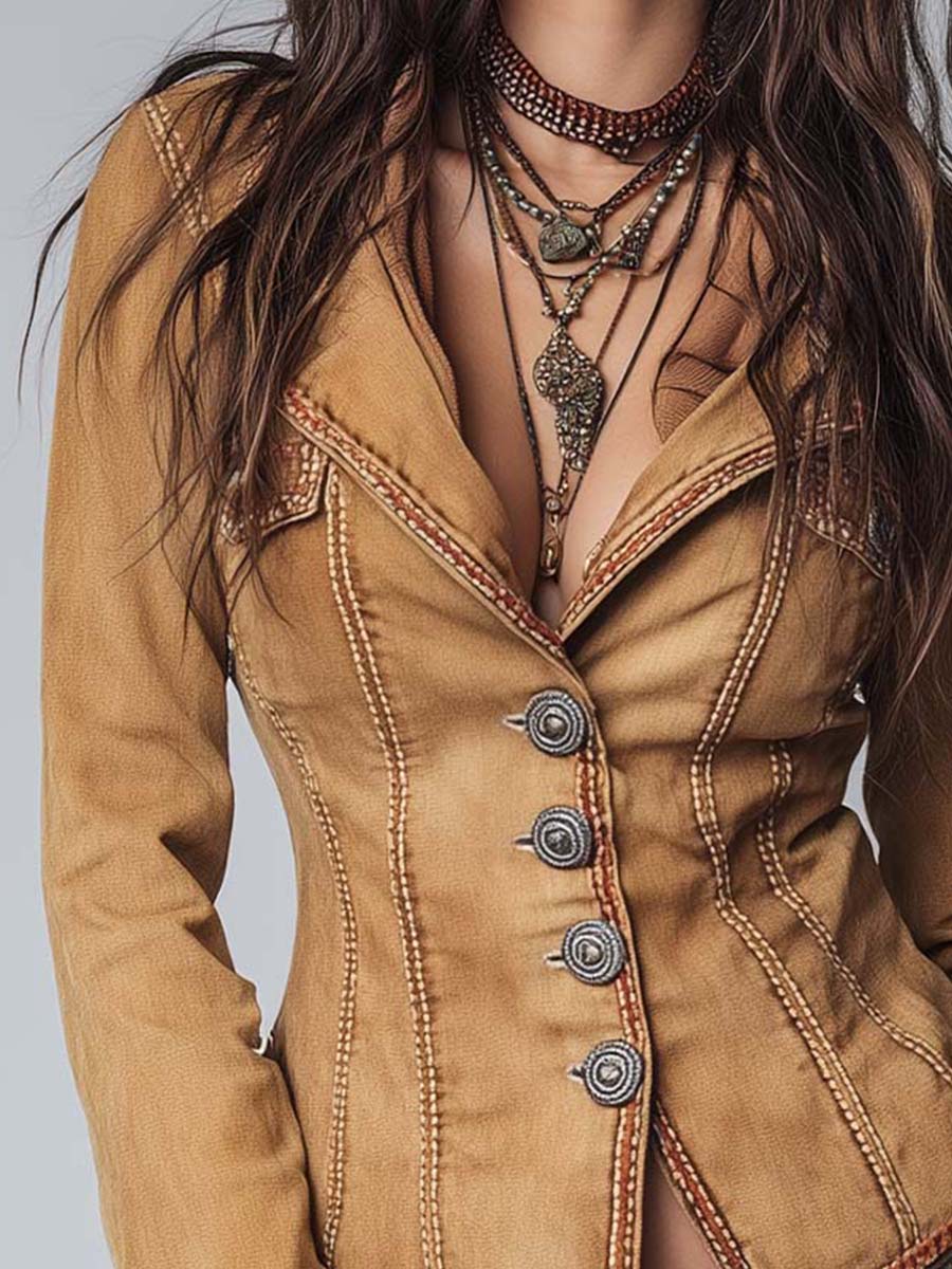 Slim-fit Vintage-style Washed Khaki Denim Jacket