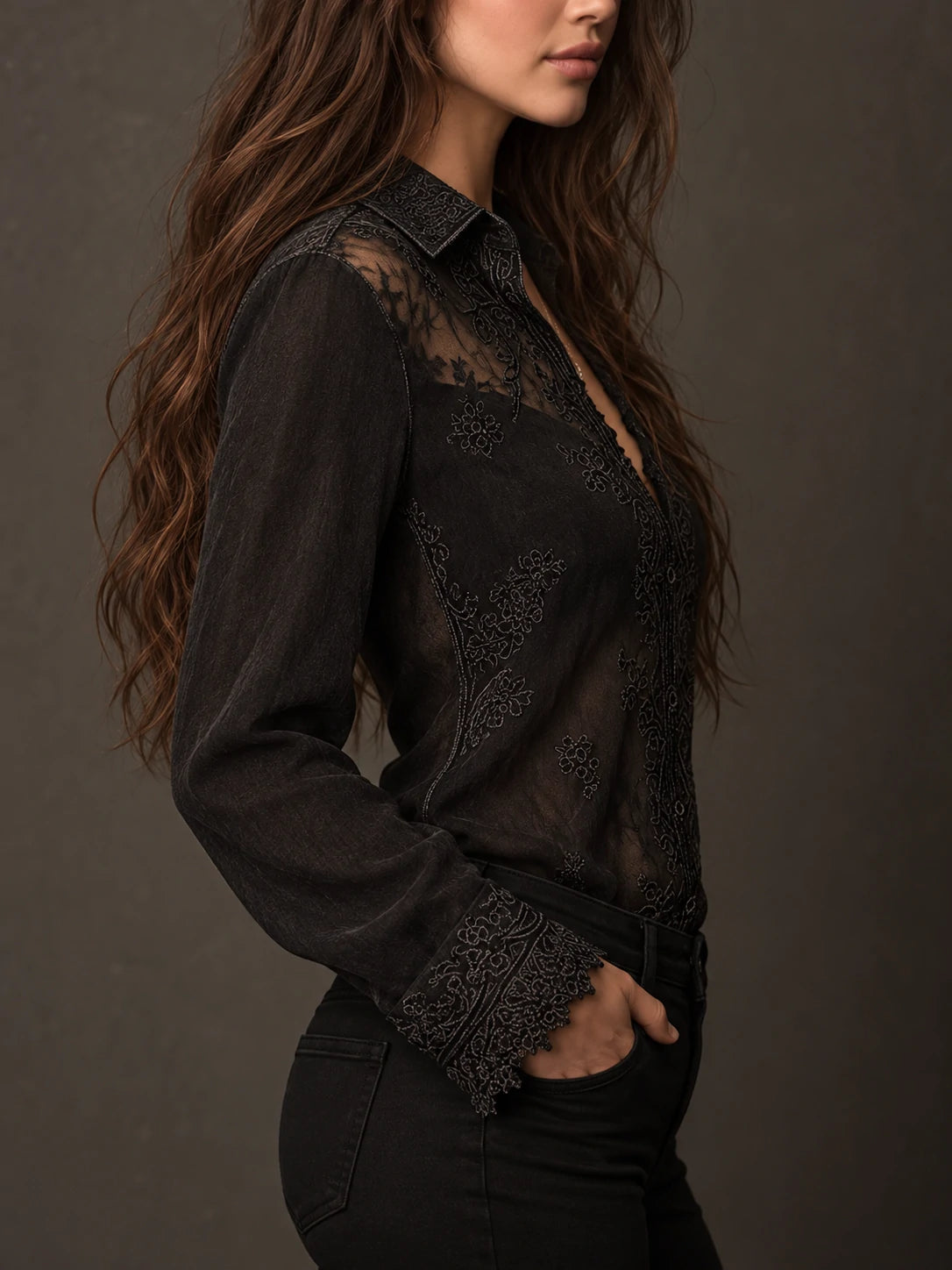 Gothic Black See-Through Embroidered Lace Chiffon Shirt