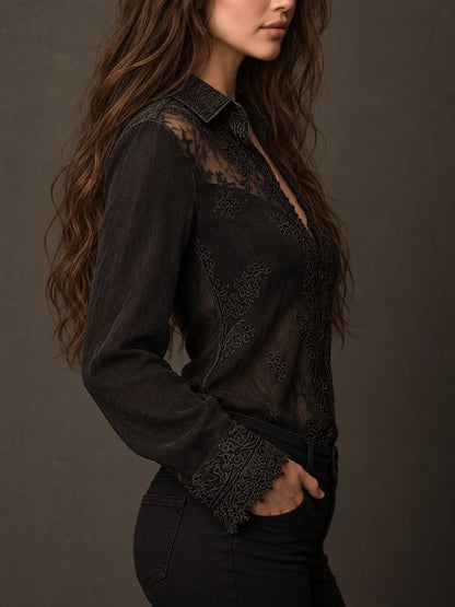 Gothic Black See-Through Embroidered Lace Chiffon Shirt