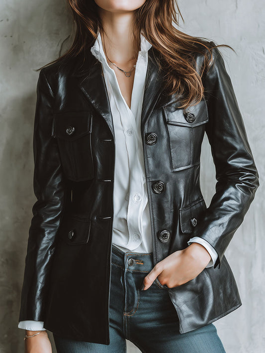 Chic Black Eco Leather Tailored Blazer With Flap Pockets