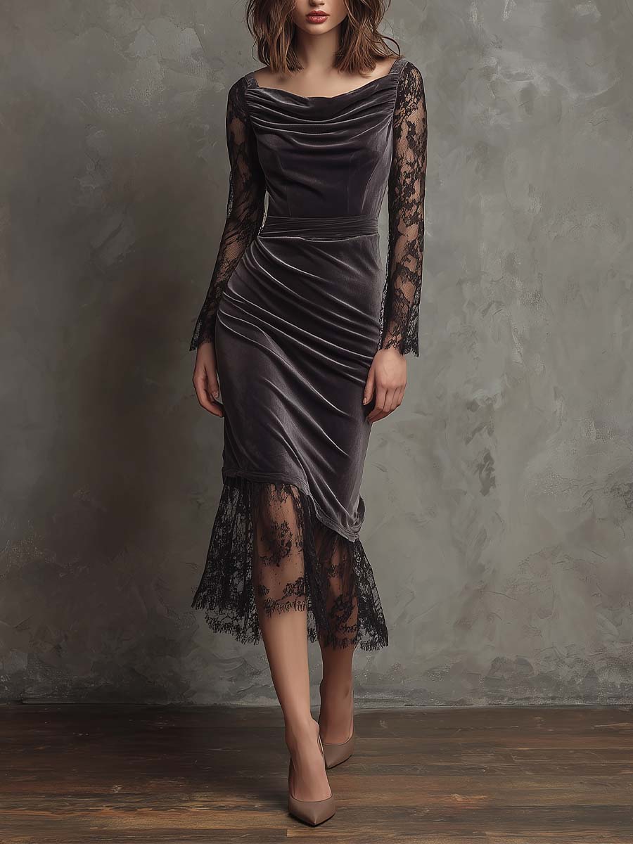 Elegant Charcoal Gray Velvet Lace Draped Midi Dress