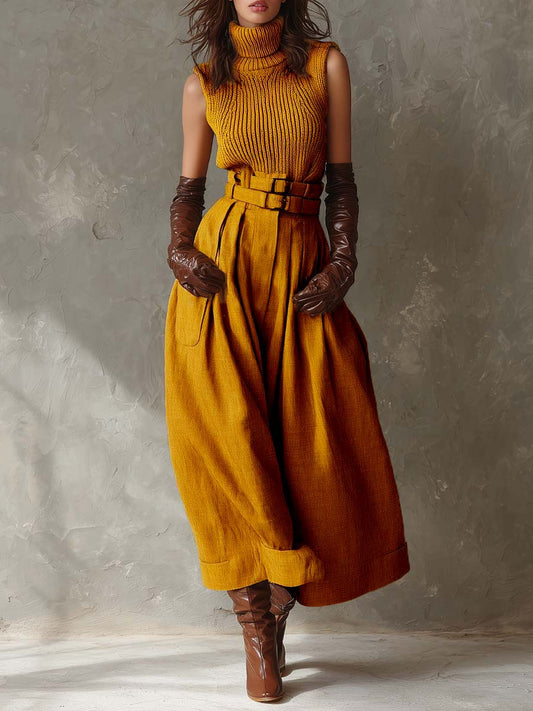Sleeveless Turtleneck Knit Top & Wide-Leg Belted Pants Set