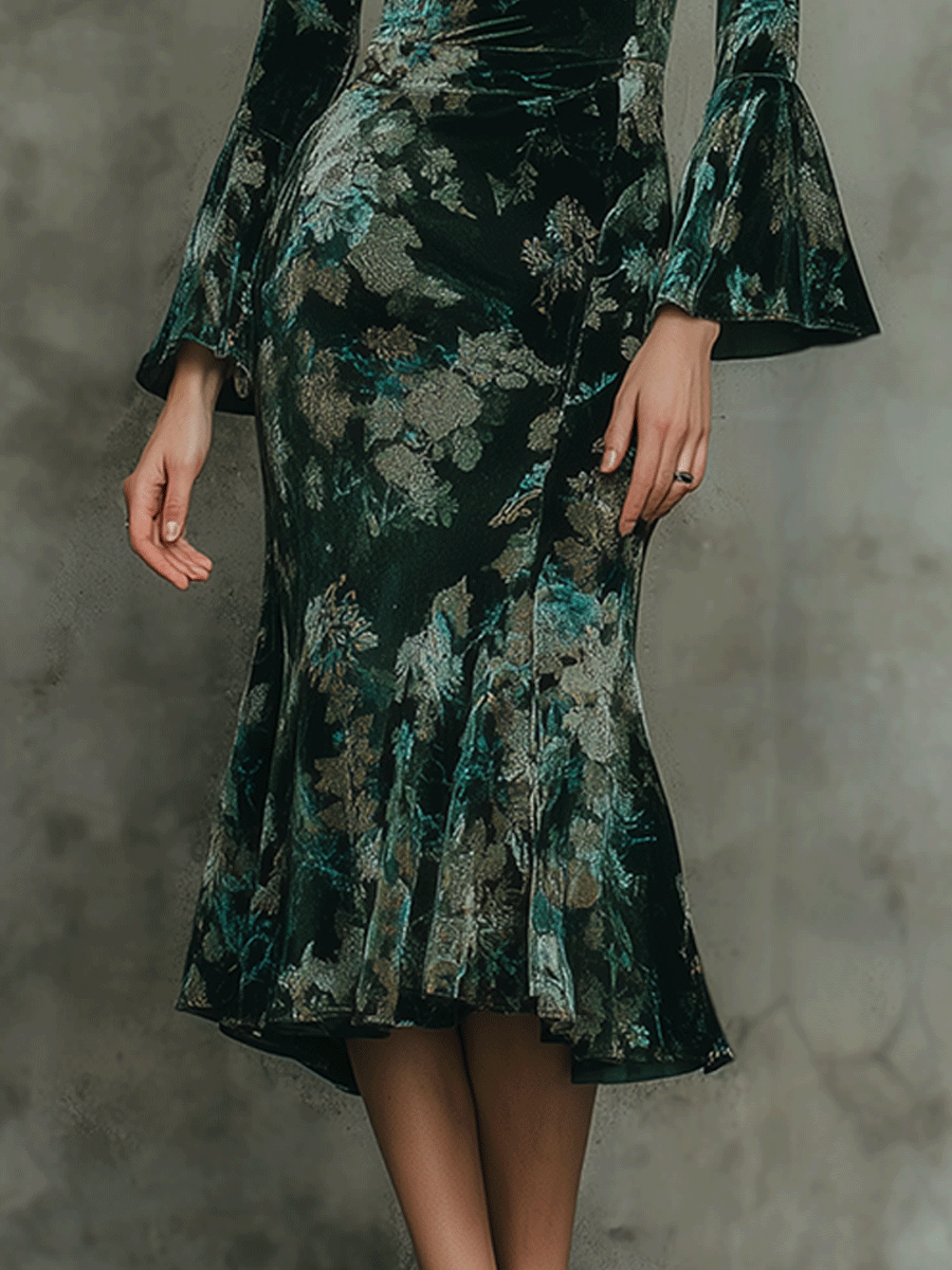 Vintage Emerald Floral Velvet With Flared Sleeves Midi Dress
