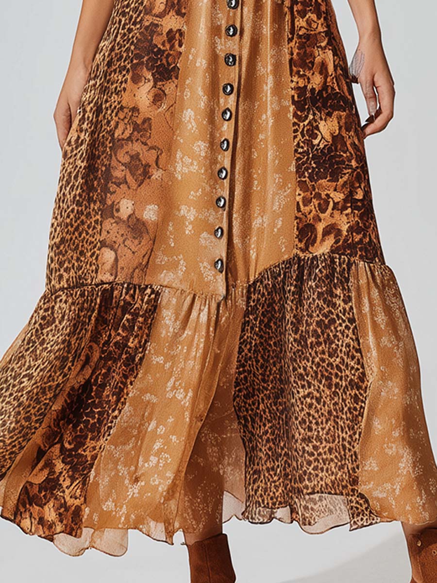 Vintage Leopard Floral Patchwork Shirt Chiffon Maxi Dress