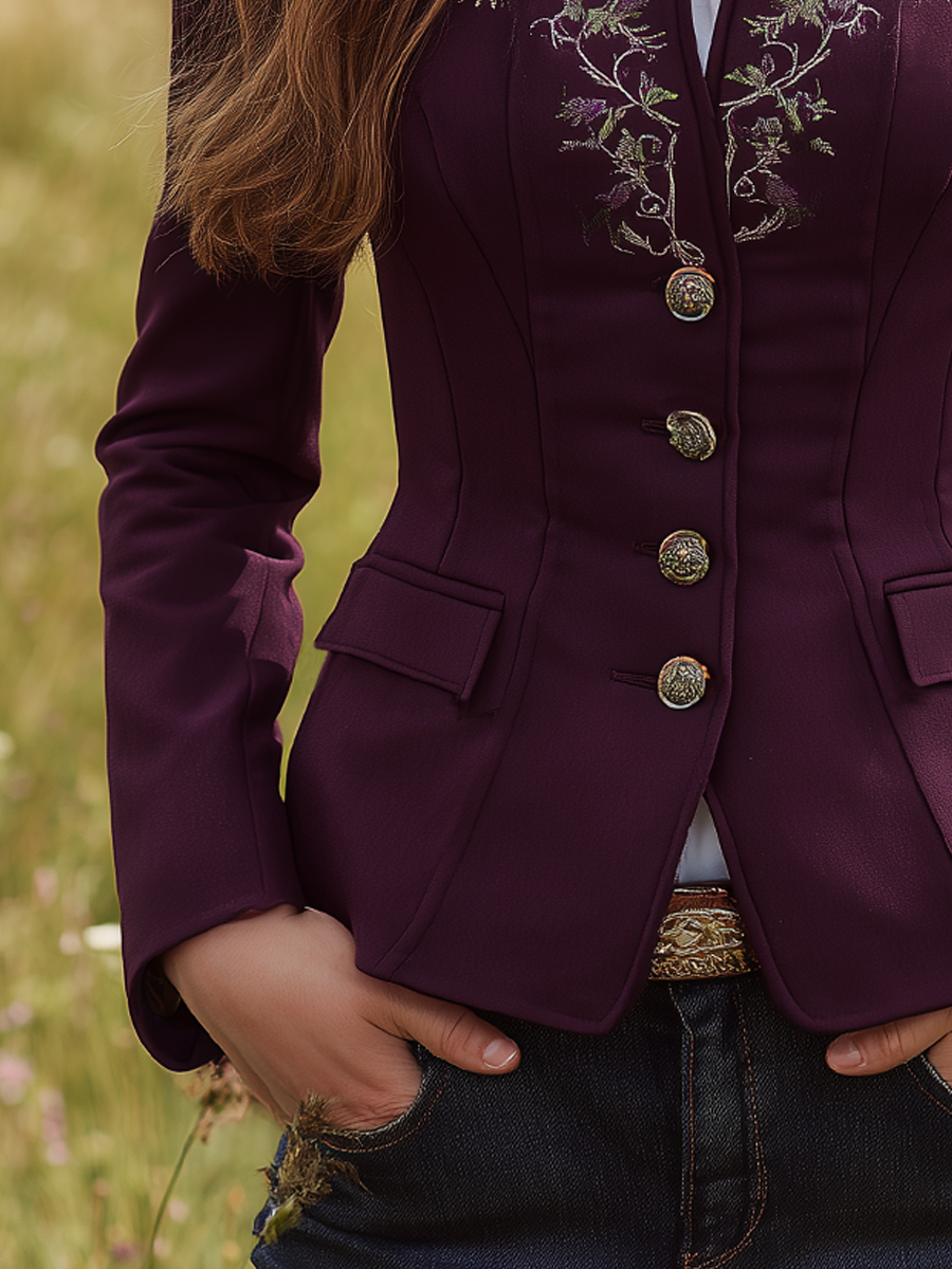 Vintage Stand Collar Embroidered Button Jacket